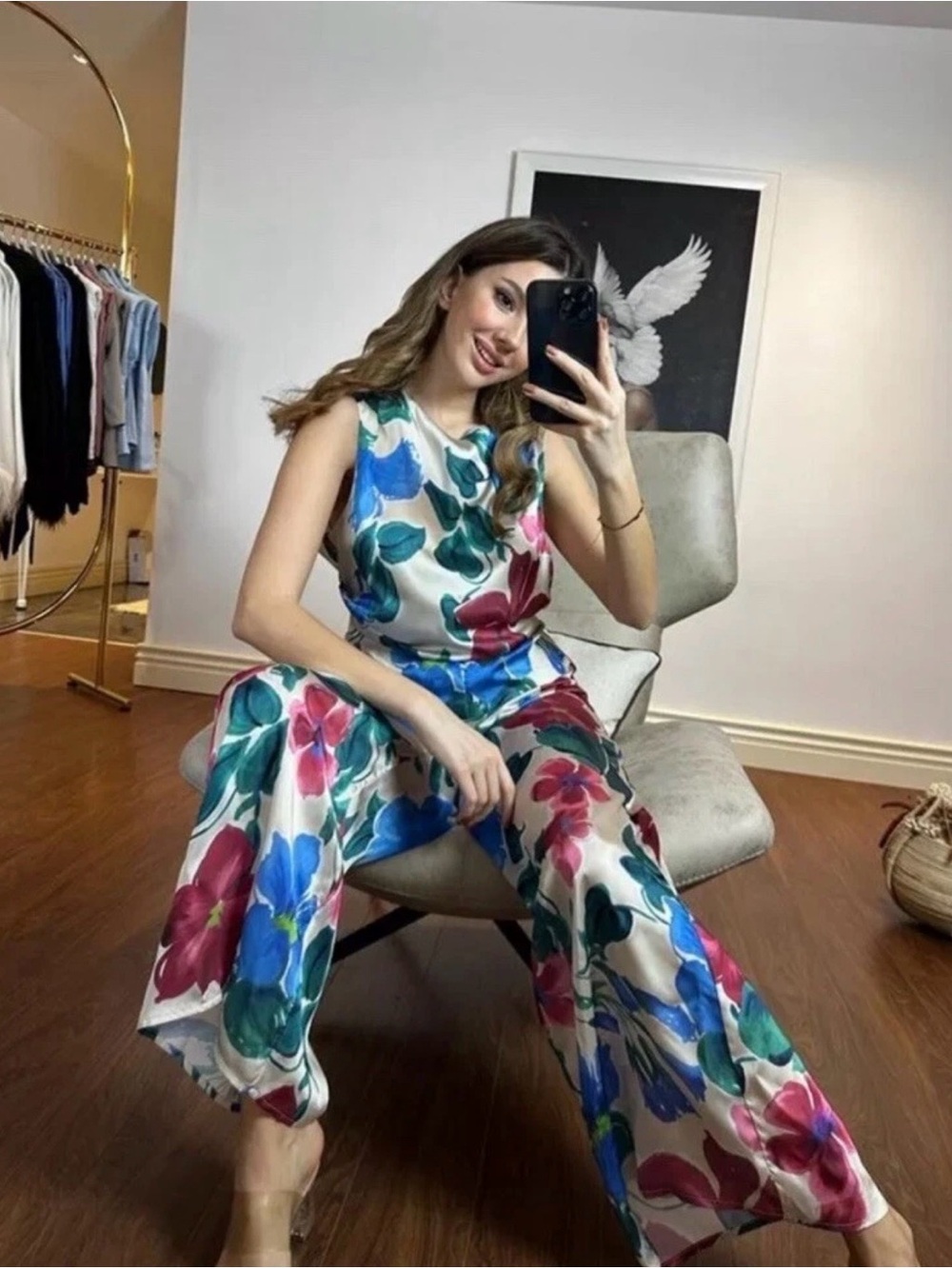 NWT Zara Cream Wide-Leg Jumpsuit with Blue, Pink & Green Floral Print - Picture 3 of 13